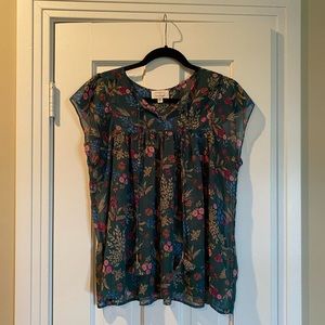 Francesca’s Green Floral Blouse with tassel tie